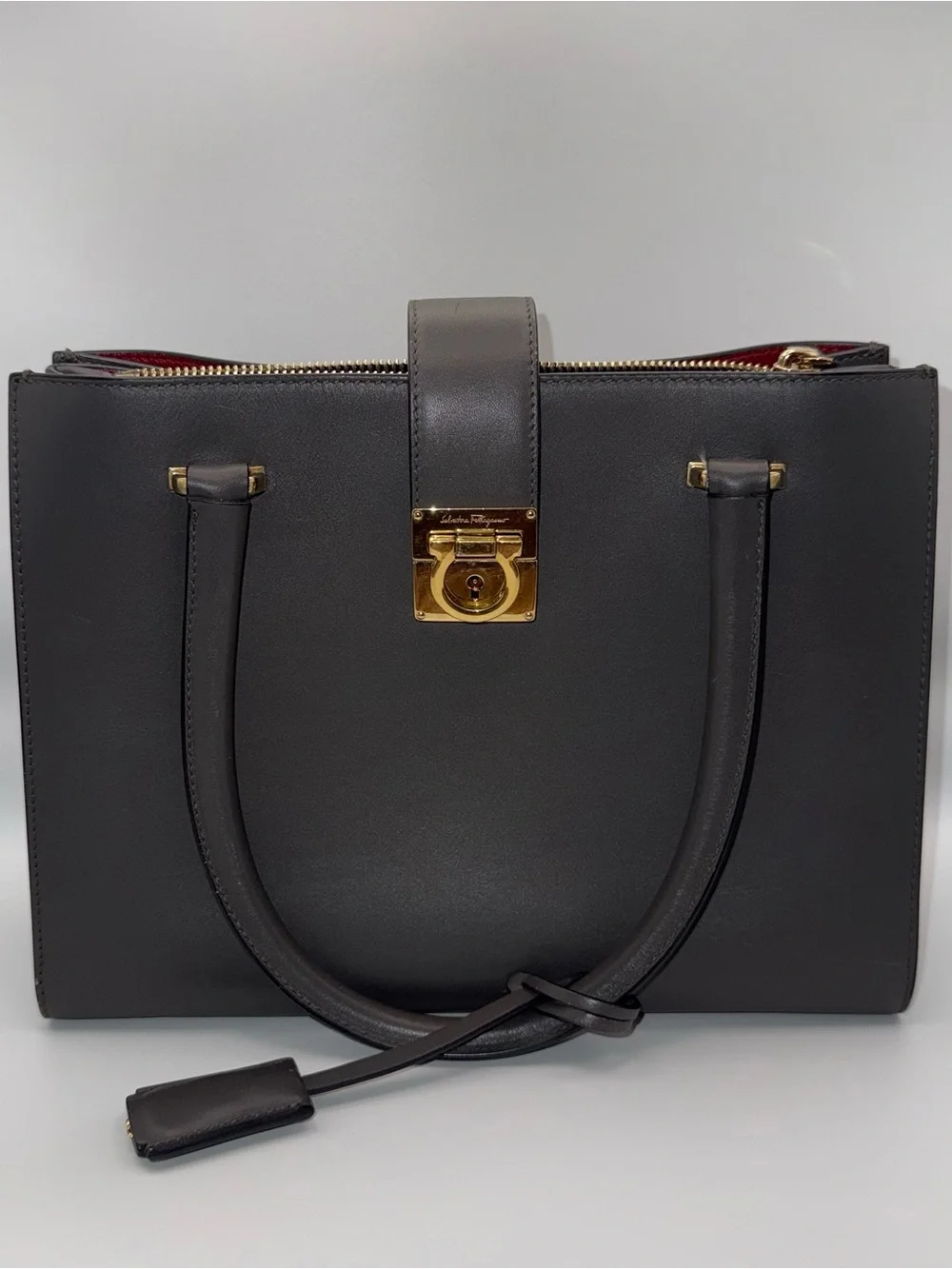 Salvatore Ferragamo Juliet Grey Leather Red Interior with Gold Hardware